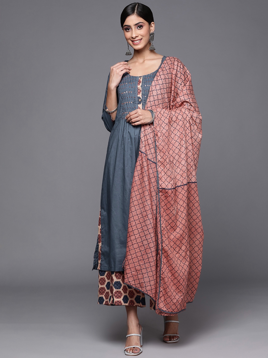 

Biba Women Blue Ethnic Motifs Sequinned Pure Cotton Kurta with Palazzos & With Dupatta