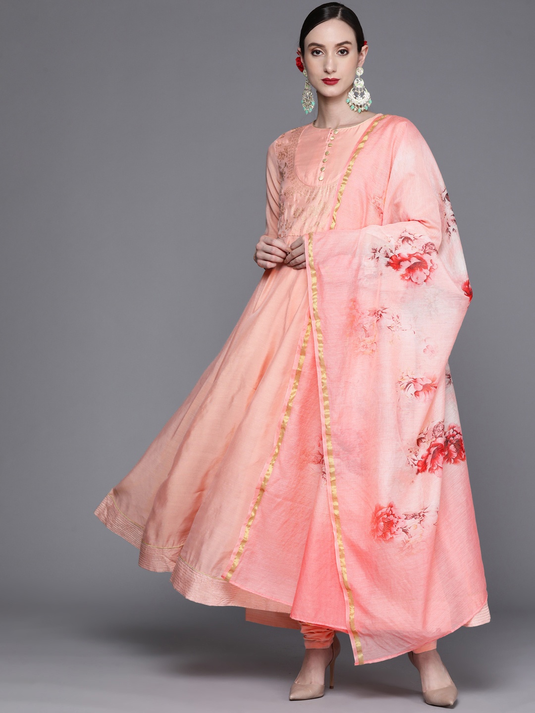 

Biba Women Peach-Coloured & Golden Yoke Design Pleated Kurta with Churidar & Dupatta