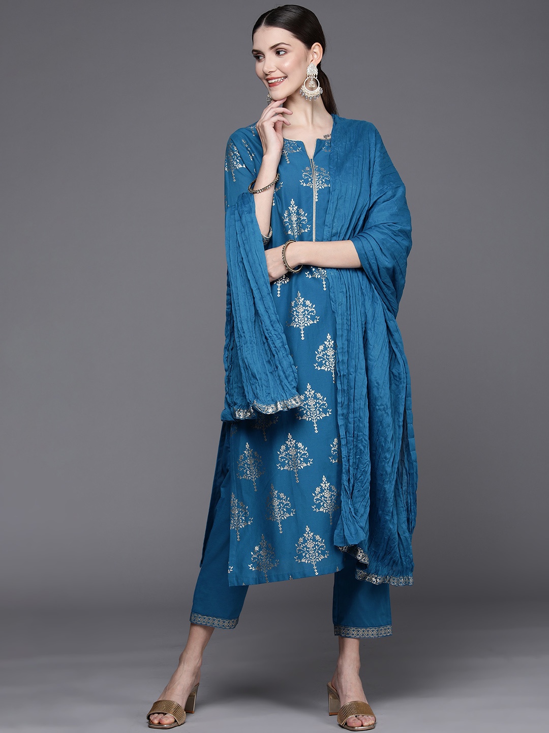 

Biba Women Teal Blue & Golden Printed Pure Cotton Kurta with Trousers & Dupatta