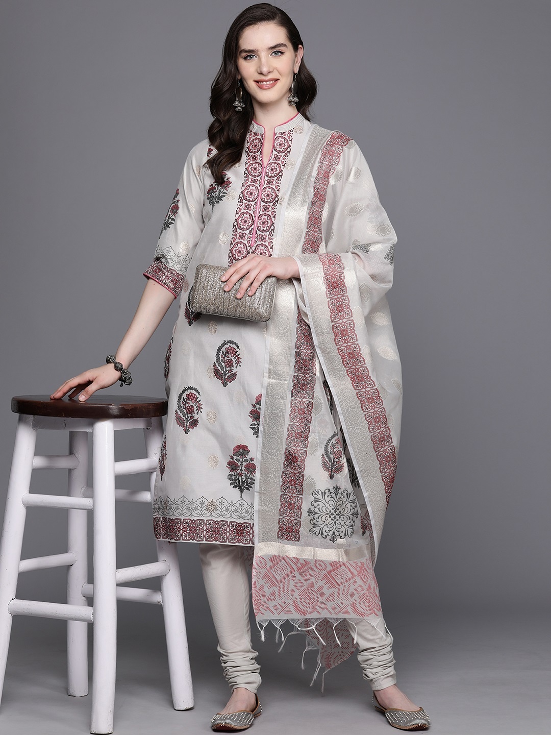 

Biba Ethnic Motifs Printed Woven Designed Pure Cotton Kurta with Churidar & Dupatta, Grey