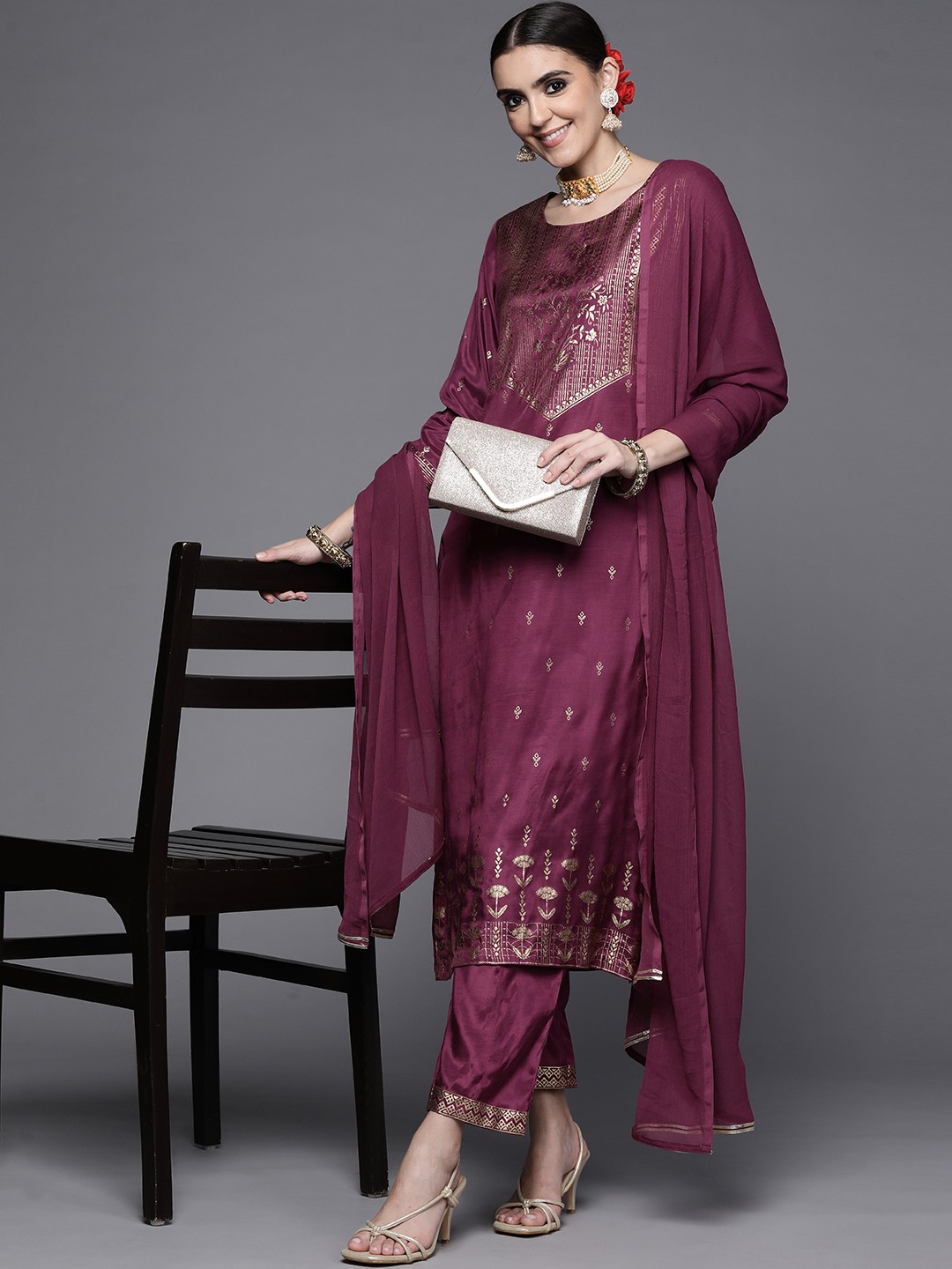 

Biba Women Burgundy Ethnic Motifs Printed Kurta with Trousers & With Dupatta
