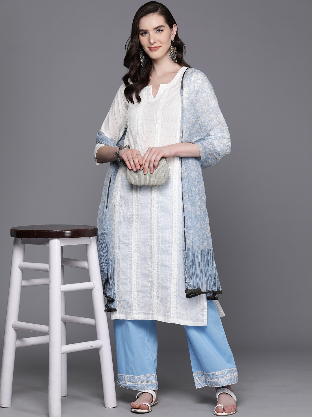 

Biba Lace Inserted Pure Cotton Kurta with Trousers & Printed Dupatta, White