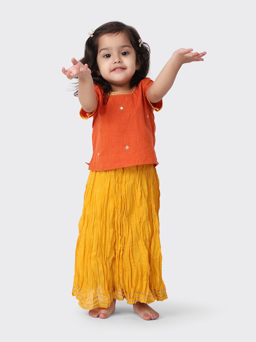 

Fabindia Girls Yellow & Orange Embroidered Cotton Ready to Wear Lehenga &