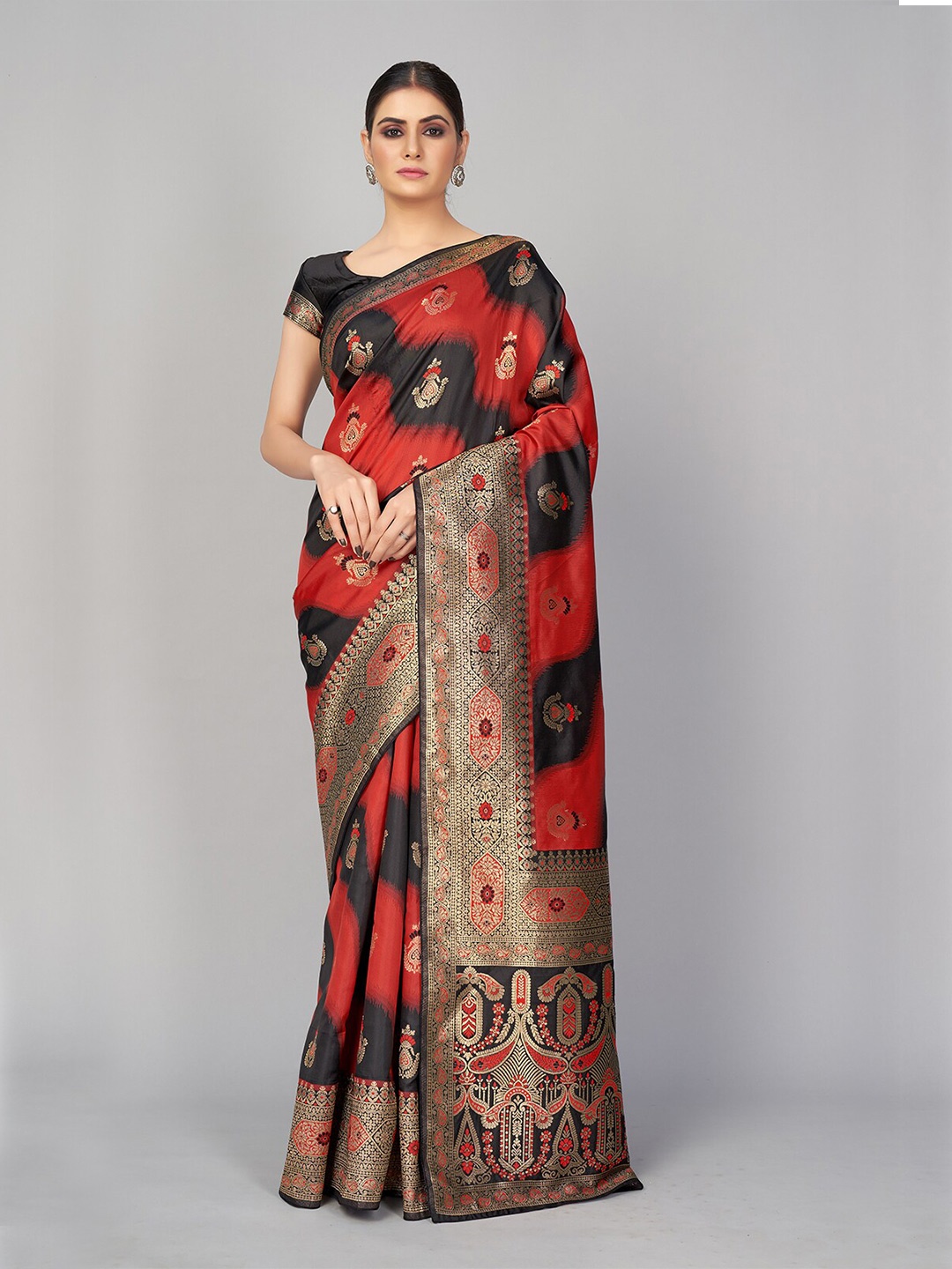 

MONJOLIKA FASHION Black & Red Woven Design Silk Blend Banarasi Saree