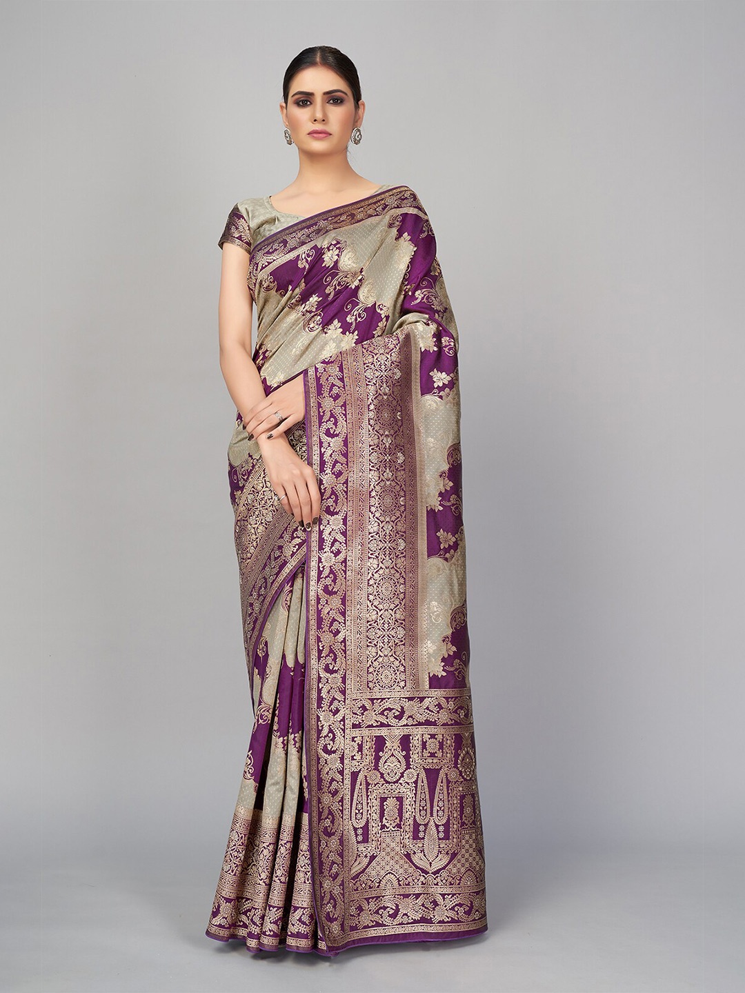 

MONJOLIKA FASHION Grey & Purple Woven Design Silk Blend Banarasi Saree