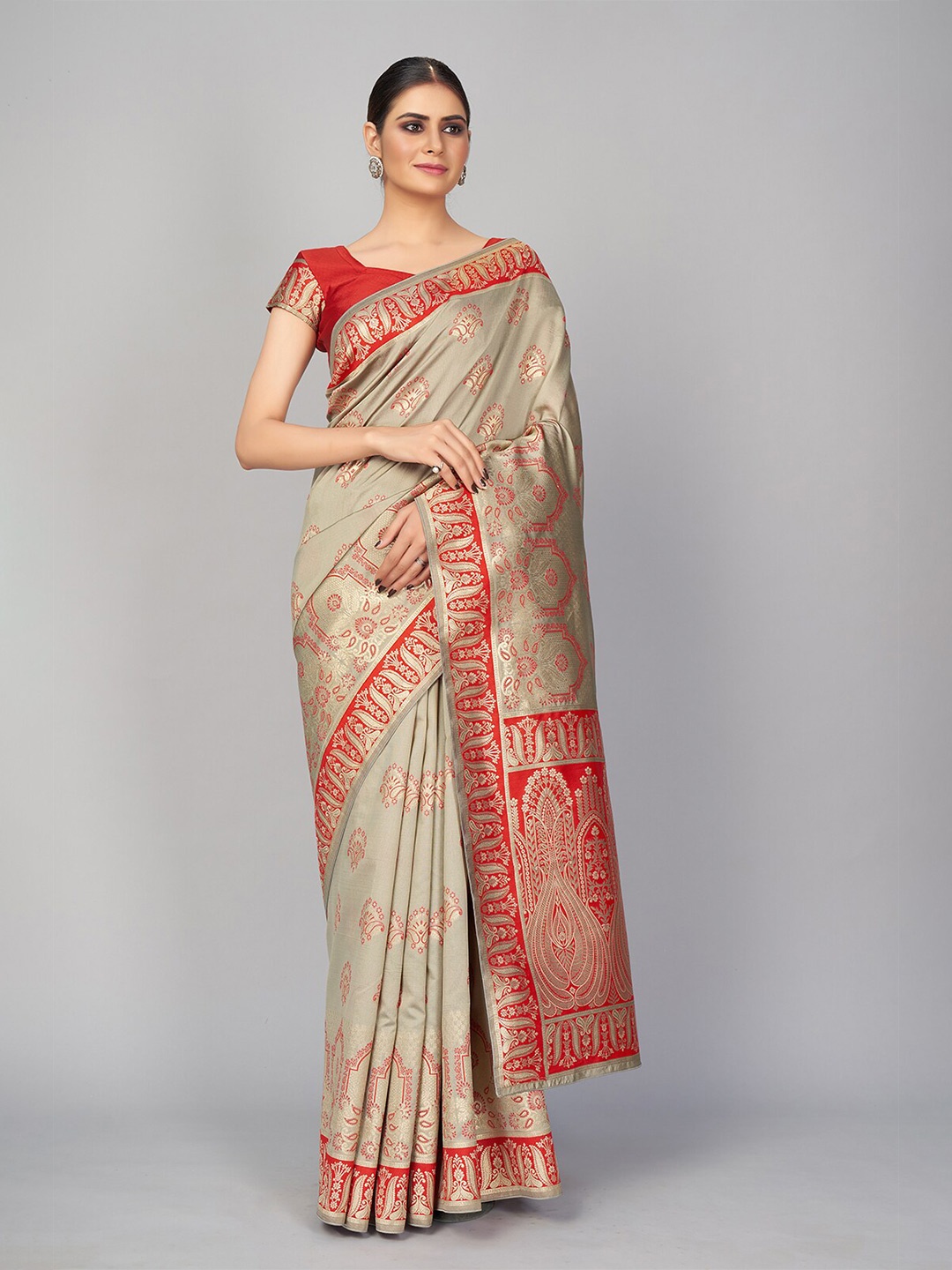 

MONJOLIKA FASHION Tan & Red Woven Design Zari Silk Blend Banarasi Saree