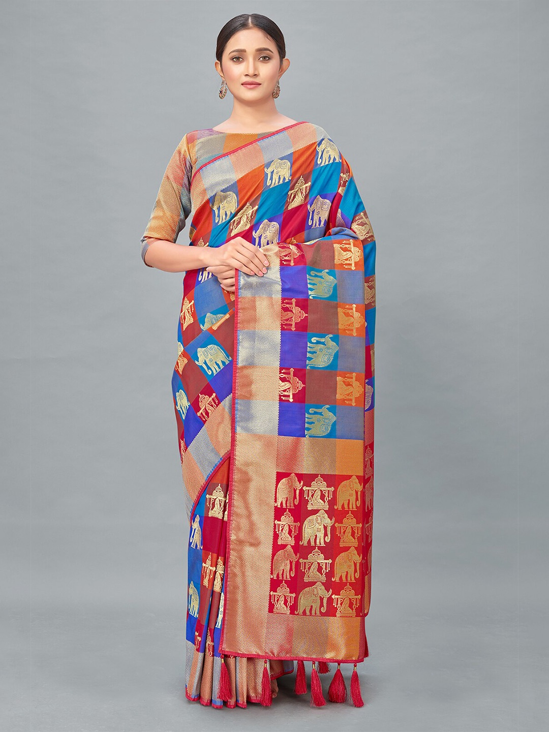 

MONJOLIKA FASHION Orange & Red Woven Design Silk Blend Banarasi Saree