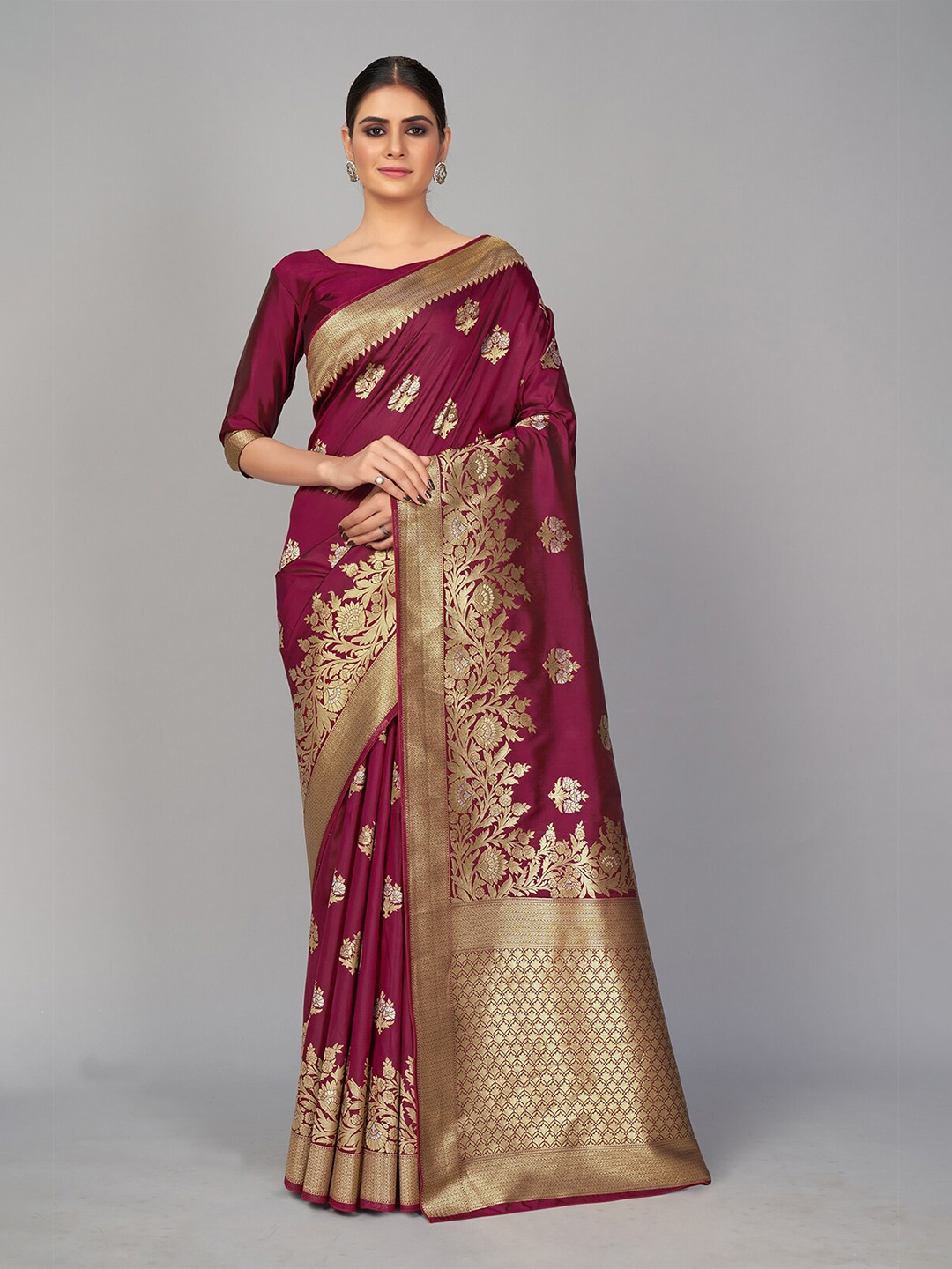 

MONJOLIKA FASHION Purple & Gold-Toned Woven Design Zari Silk Blend Banarasi Saree