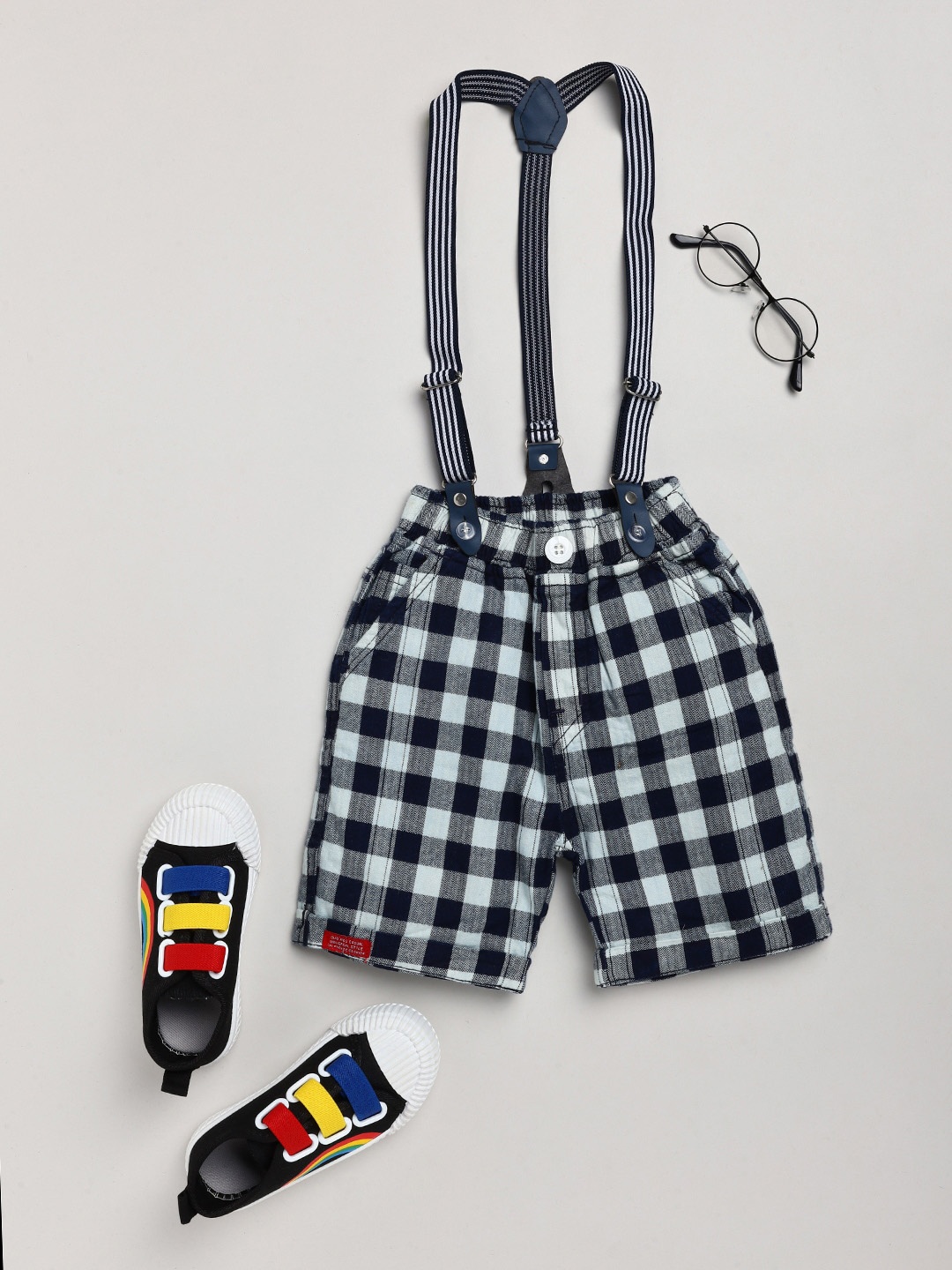 

Olio Kids Boys Blue Checked Cotton Shorts, Grey