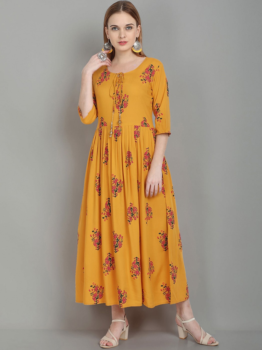 

Ziva Fashion Women Mustard Yellow & Red Floral Printed Gotta Patti Anarkali Kurta