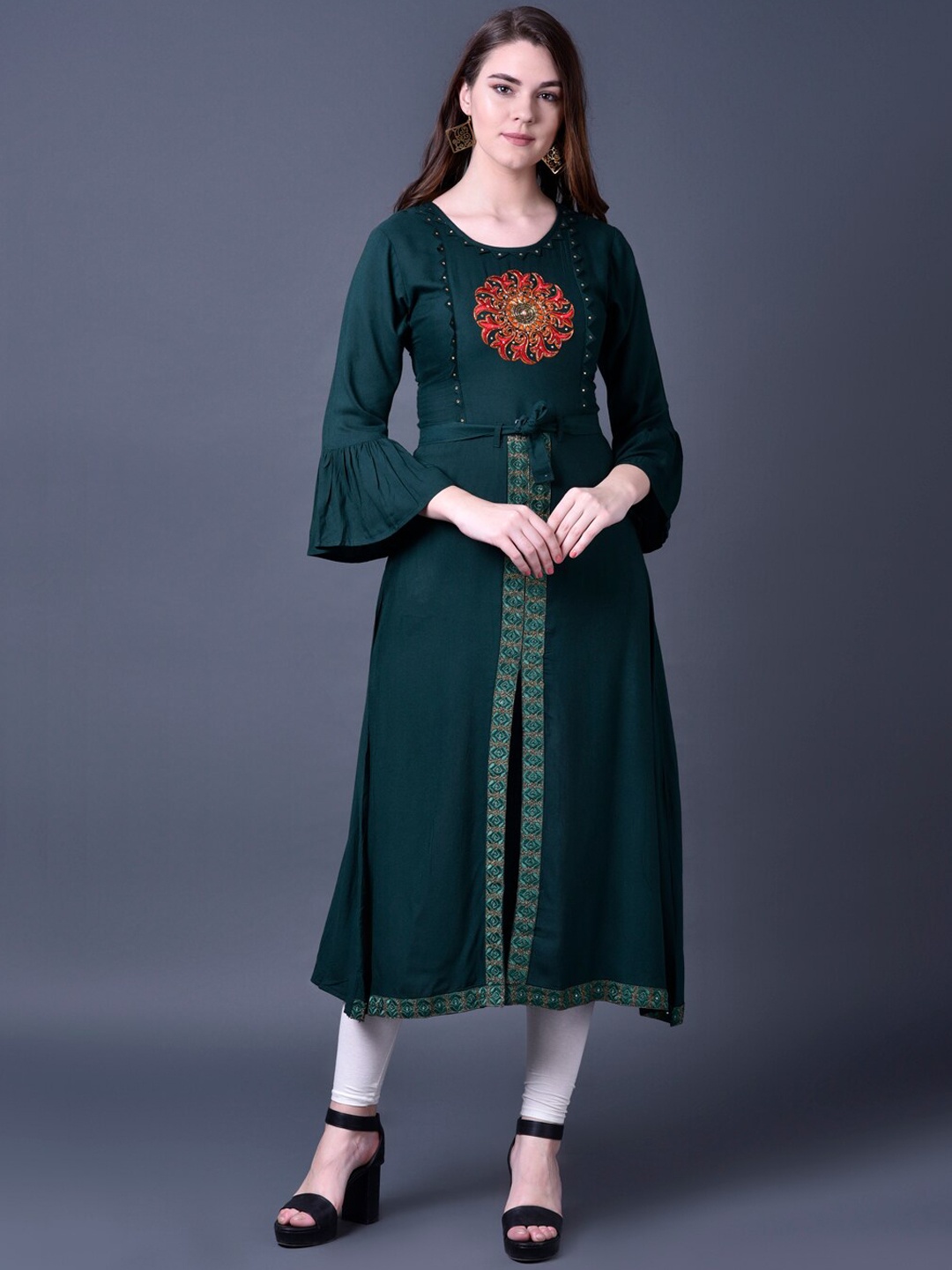 

Ziva Fashion Women Green Embellished Bell Sleeves Thread Work Kurta