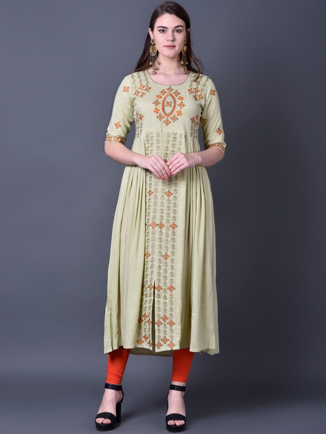 

Ziva Fashion Women Green Embroidered Thread Work A-Line Kurta