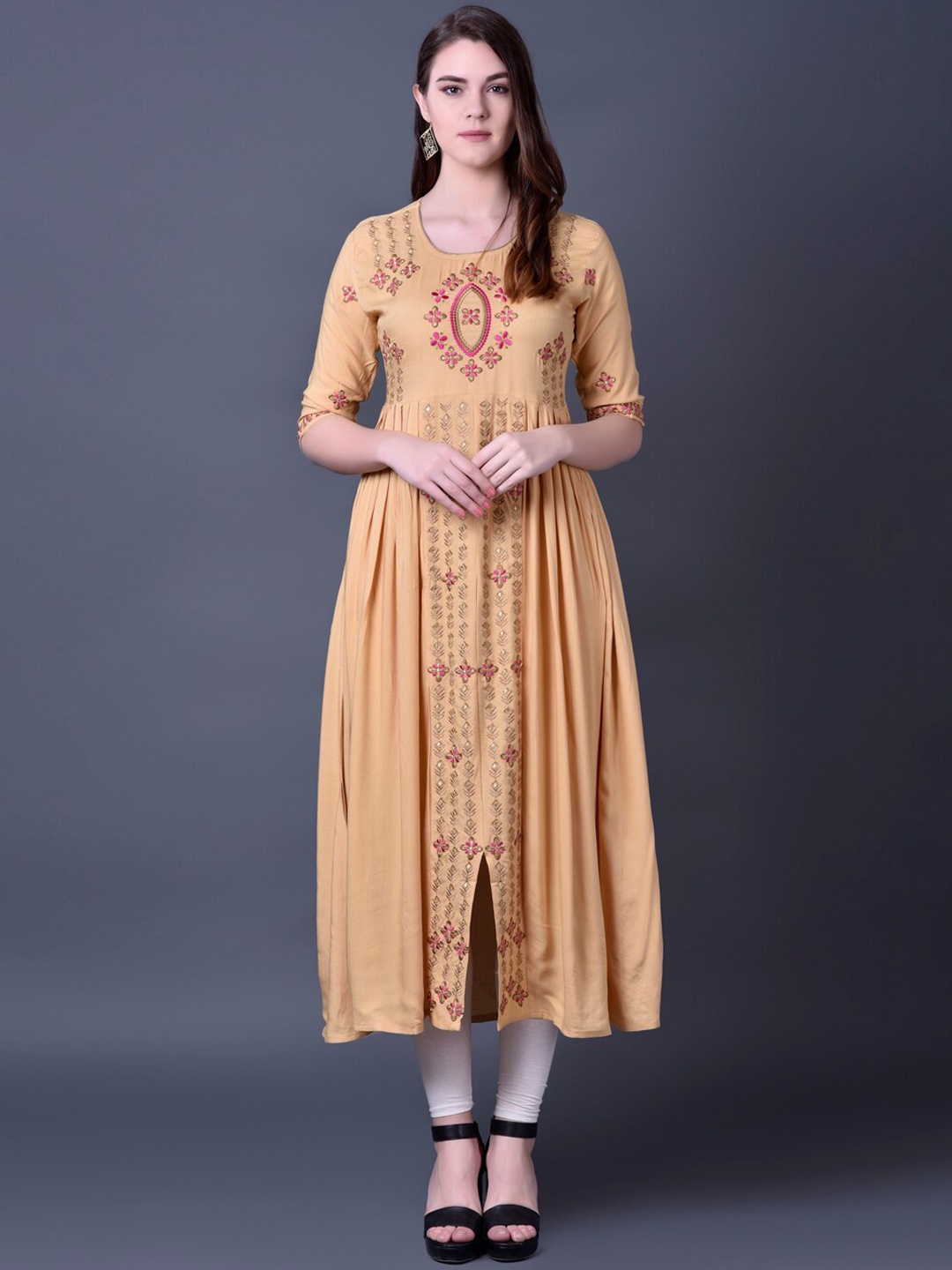 

Ziva Fashion Women Beige Ethnic Motifs Embroidered A-line Kurta