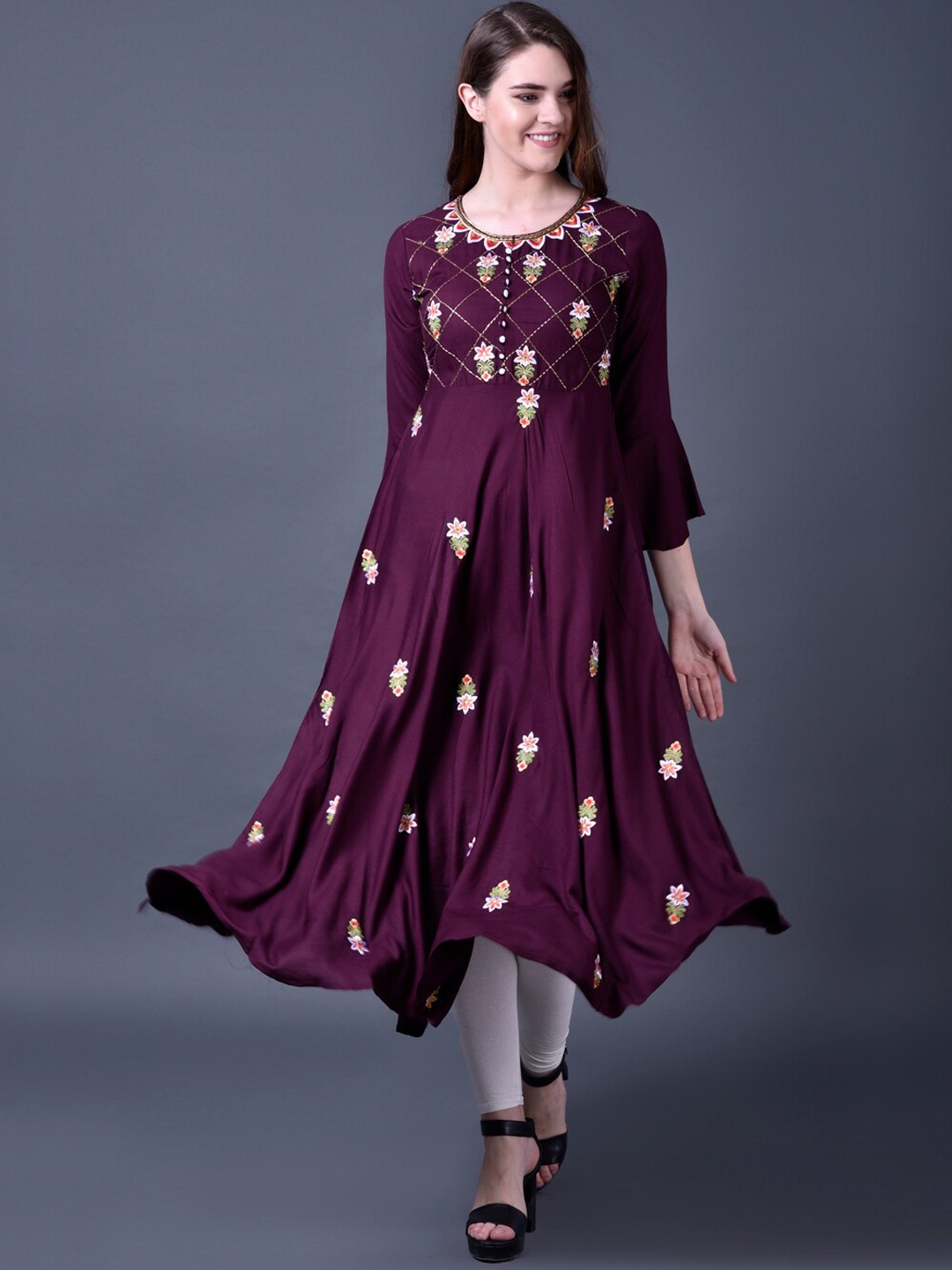

Ziva Fashion Women Purple Floral Embroidered Bell Sleeves Kurta