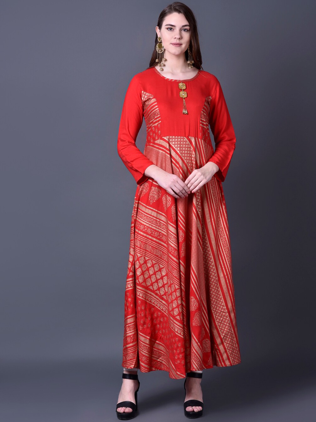 

Ziva Fashion Women Red Ethnic Motifs Printed Thread Work Anarkali Kurta