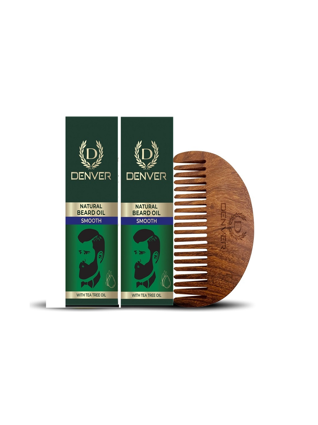 

Denver Men Set of 2 Smooth Natural Beard Oils with Wooden Comb, Green
