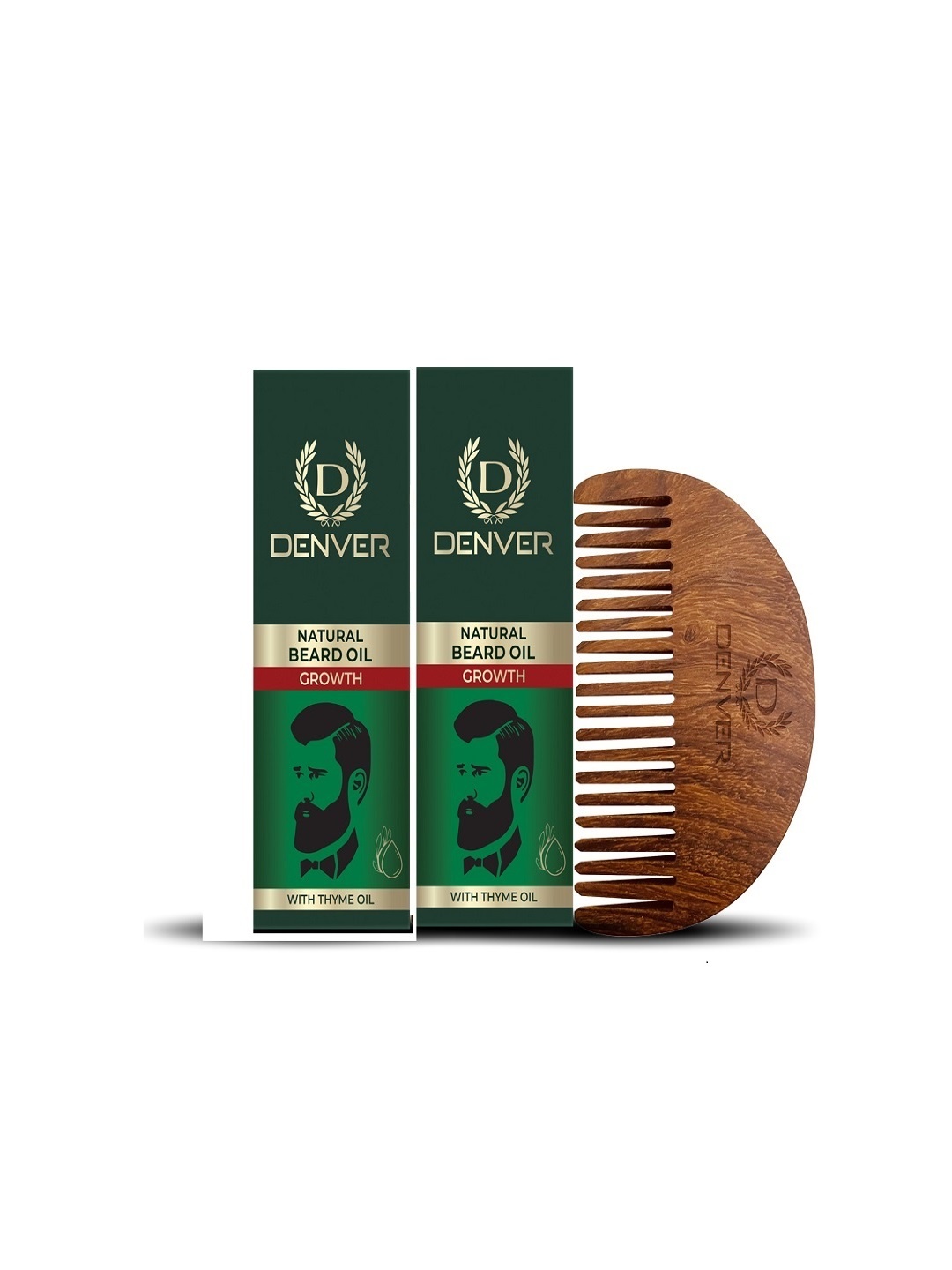 

Denver Men Set of 2 Growth Natural Beard Oils with Wooden Comb, Green
