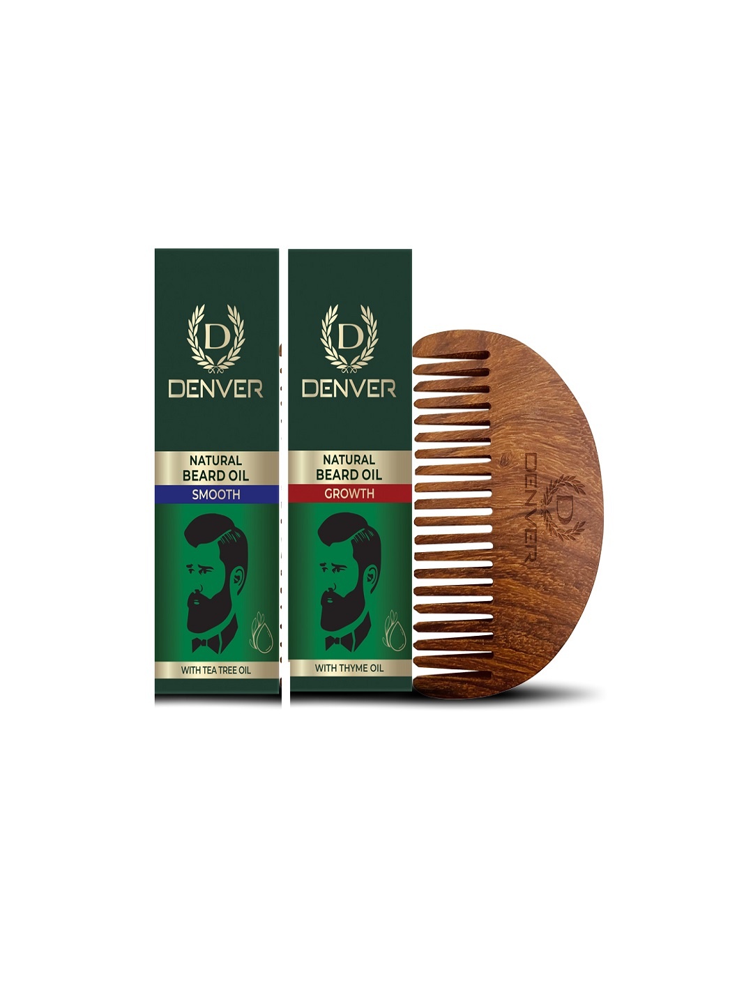 

Denver Men Set of Smooth & Growth Natural Beard Oils with Wooden Comb, Green