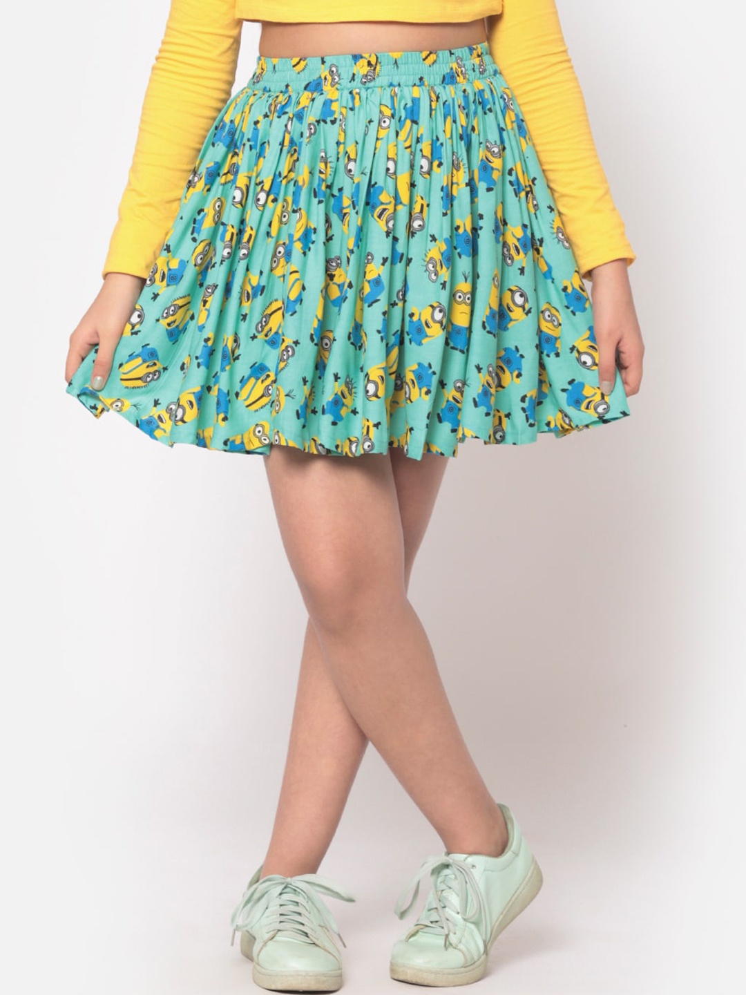 

MINOS Girls Sea Green & Yellow Minions Printed Mini Flared Skirt