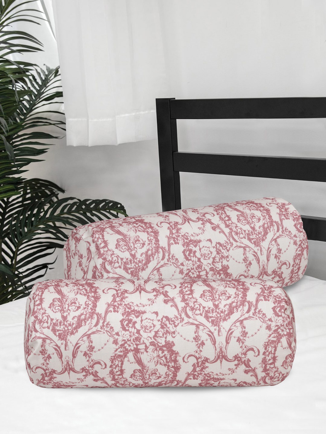 

Clasiko Set Of 2 Pink & White Printed 220TC Pure Cotton Bolster Covers