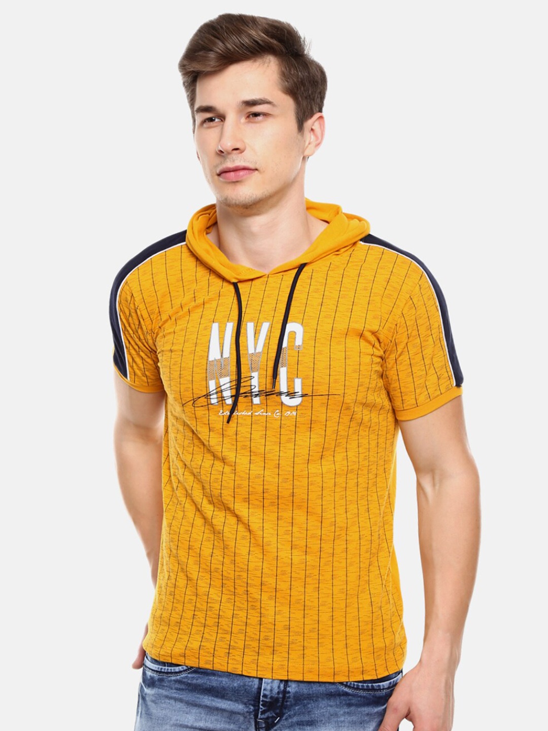 

V-Mart Men Mustard Yellow Striped Slim Fit Hooded T-shirt