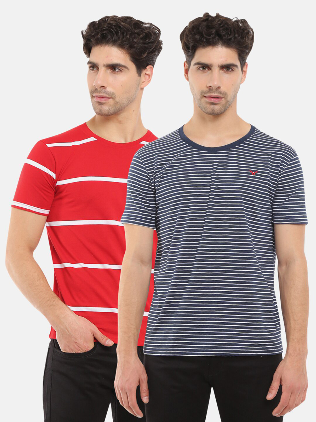 

V-Mart Men Red-Blue Pack of 2 Stripes Poly Cotton Single Jersey Round Neck T-Shirt