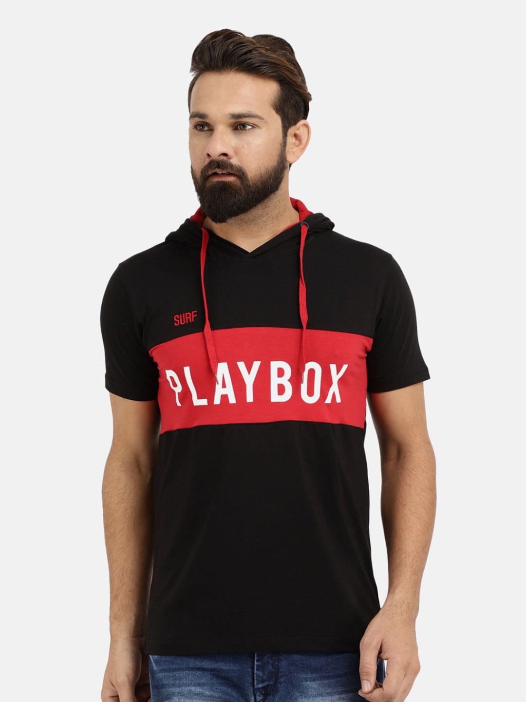

V-Mart Men Black Typography Printed Hooded Slim Fit T-shirt