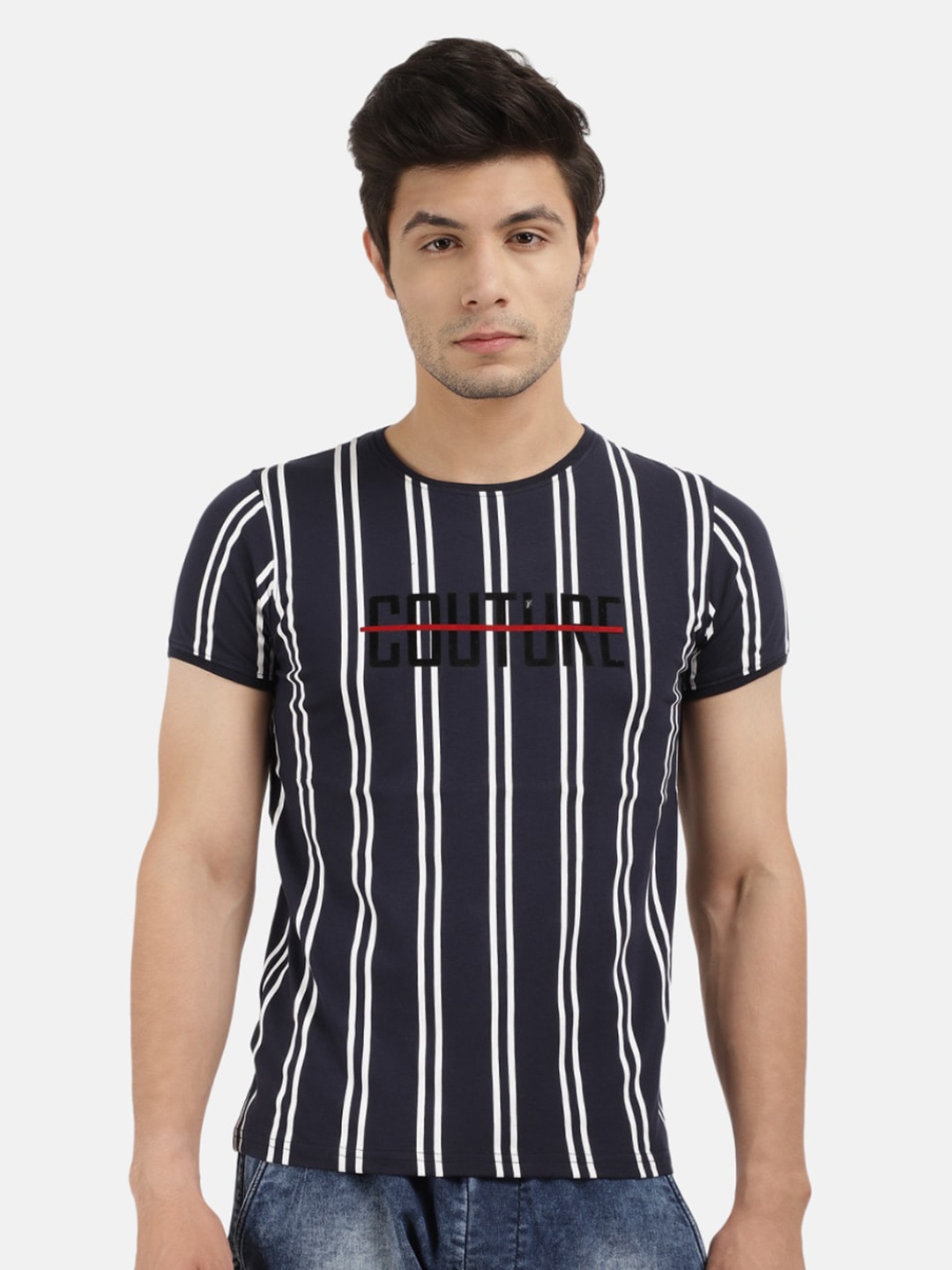 

V-Mart Men Navy Blue Striped Extended Sleeves Slim Fit T-shirt