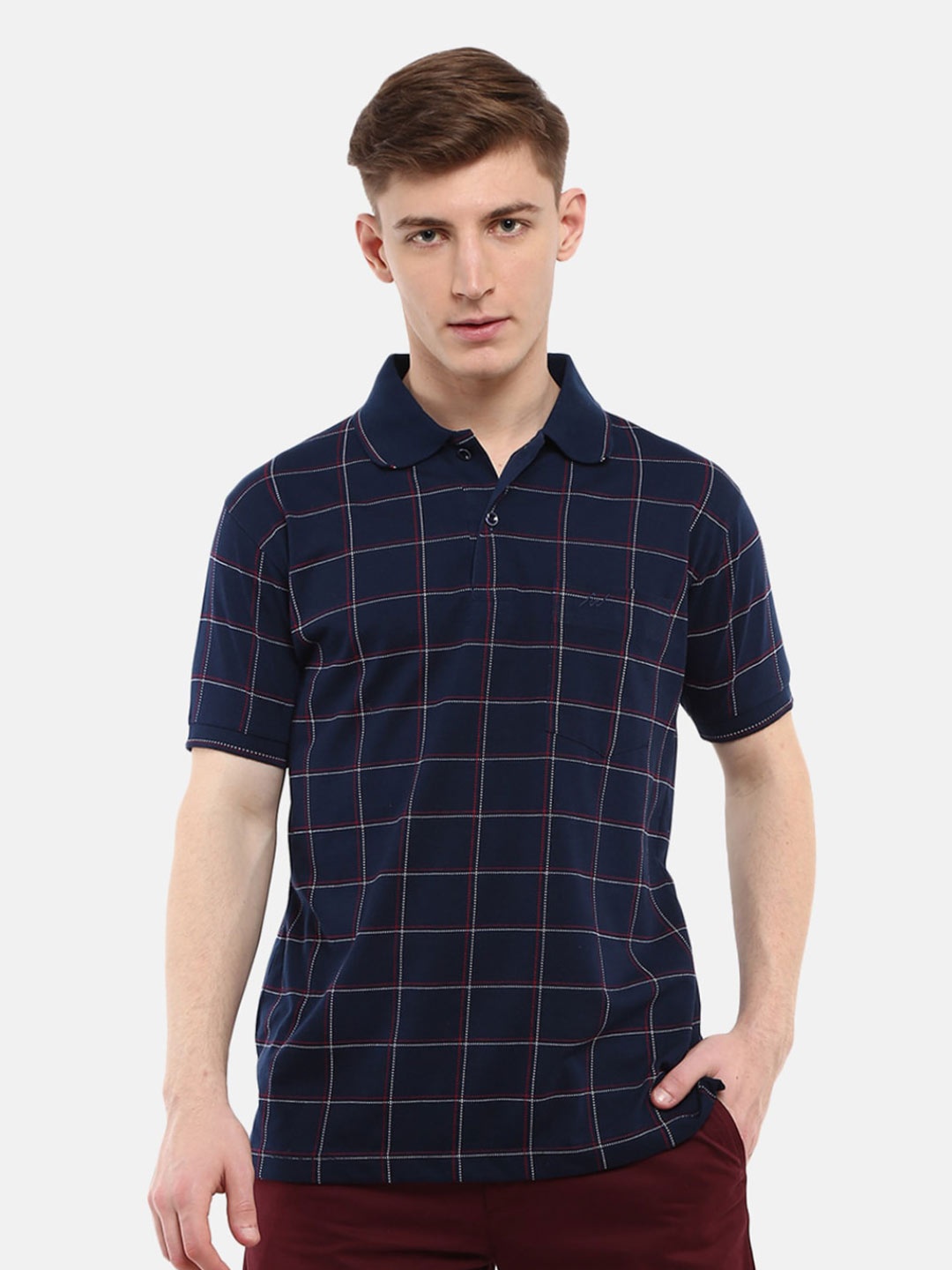 

V-Mart Men Navy Blue Checked Polo Collar T-shirt