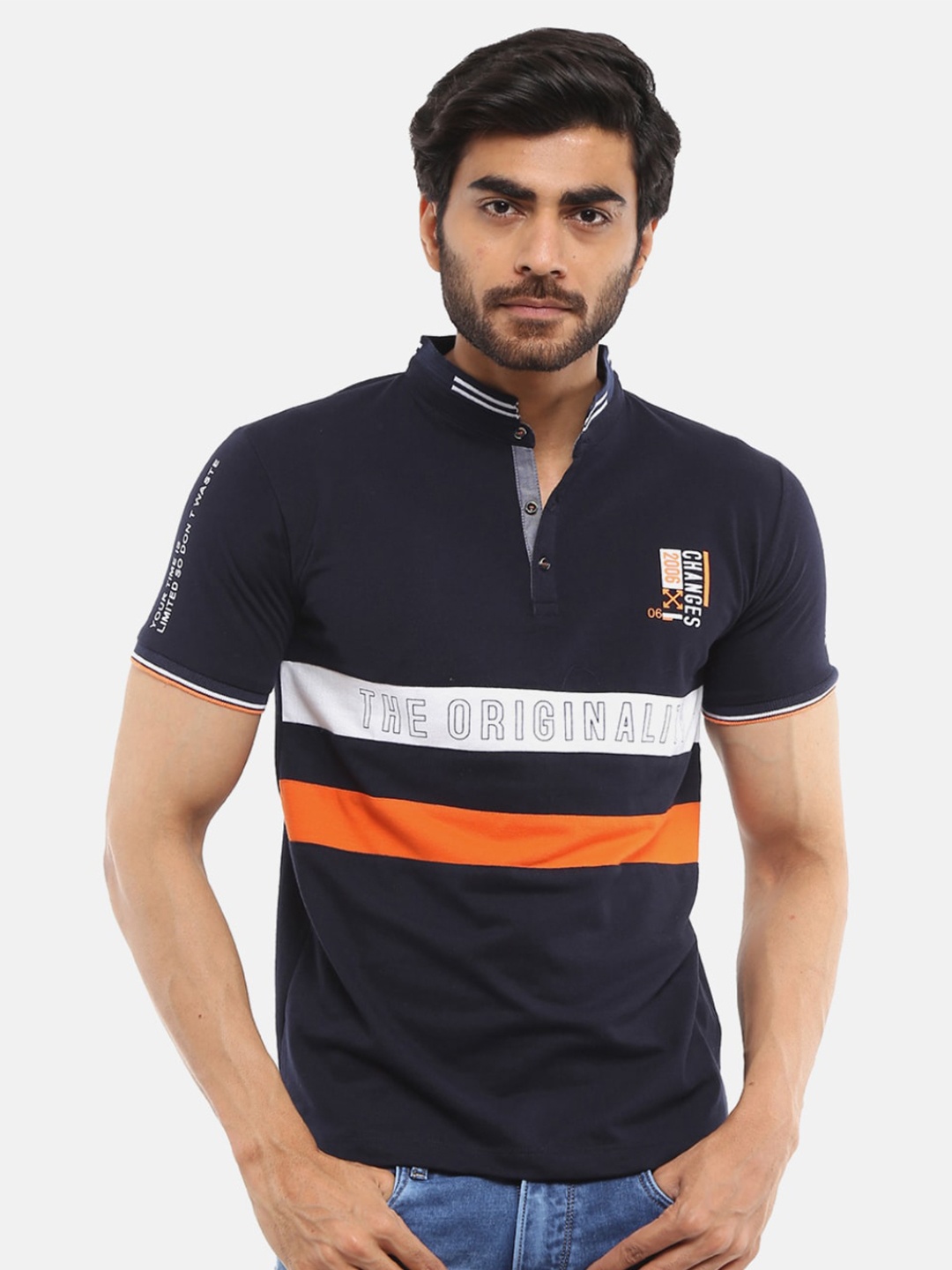 

V-Mart Men Navy Blue Striped Mandarin Collar Slim Fit T-shirt