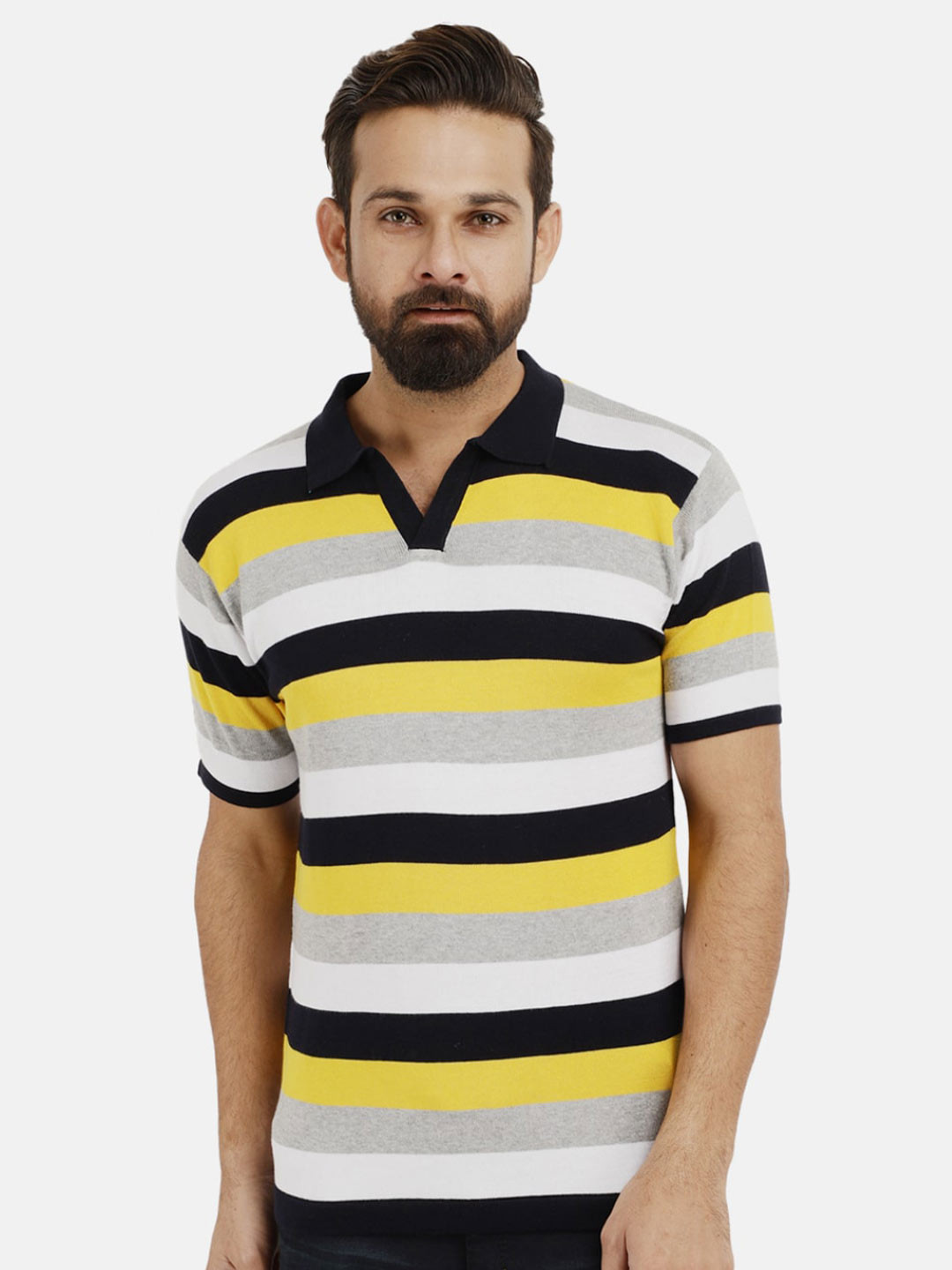 

V-Mart Men Yellow & Off White Striped Polo Collar Cotton Slim Fit T-shirt