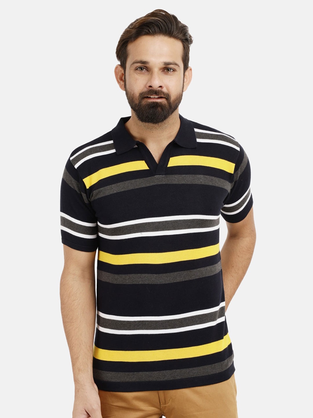 

V-Mart Men Yellow Striped Polo Collar Slim Fit Cotton T-shirt
