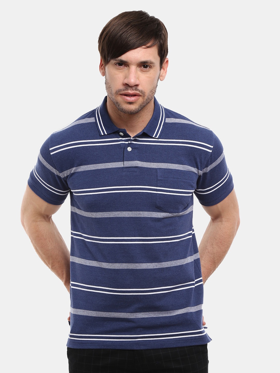 

V-Mart Men Blue & White Striped Polo Collar T-shirt
