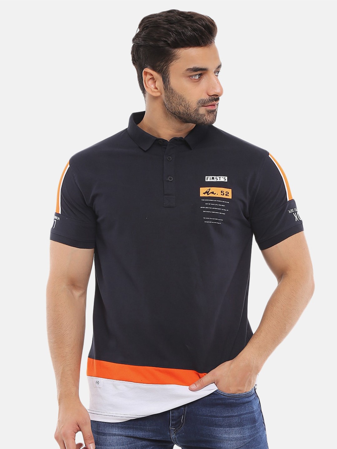 

V-Mart Men Navy Blue Typography Printed Polo Collar Cotton T-shirt