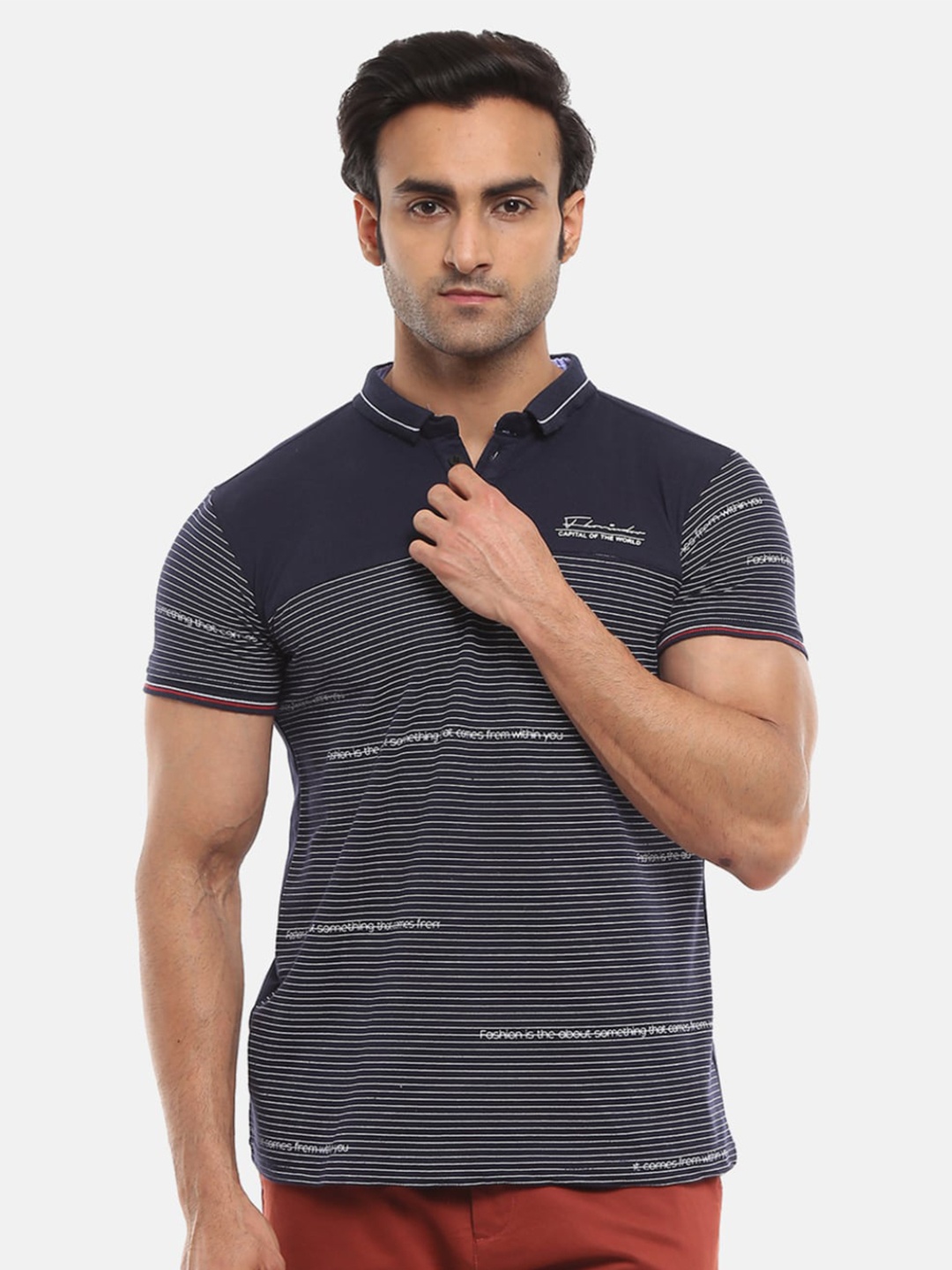 

V-Mart Men Blue Striped Polo Collar Slim Fit Cotton T-shirt