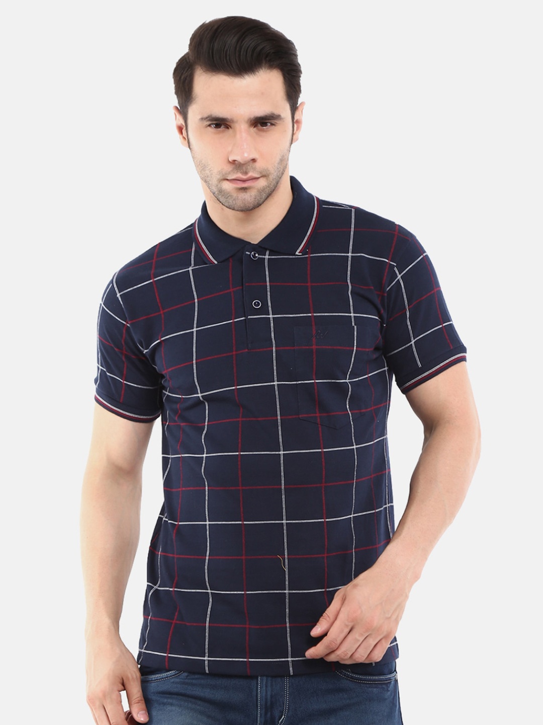 

V-Mart Men Navy Blue Checked Monochrome T-shirt