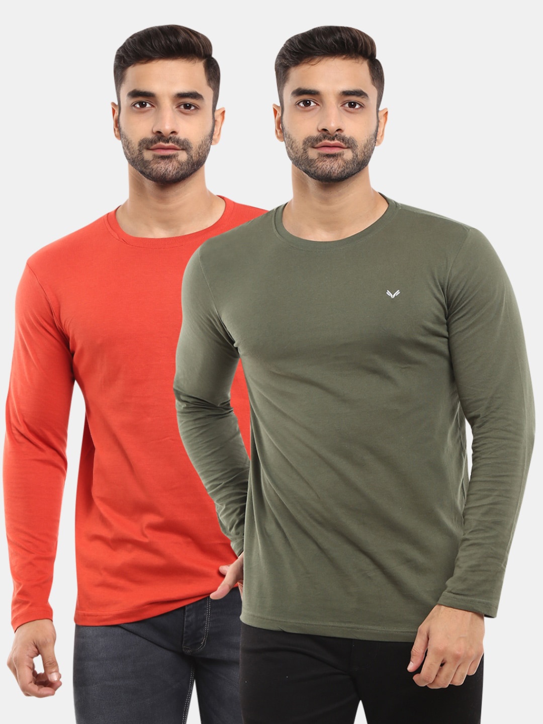 

V-Mart Men Olive Green & Red Pack of 2 Slim Fit T-shirts
