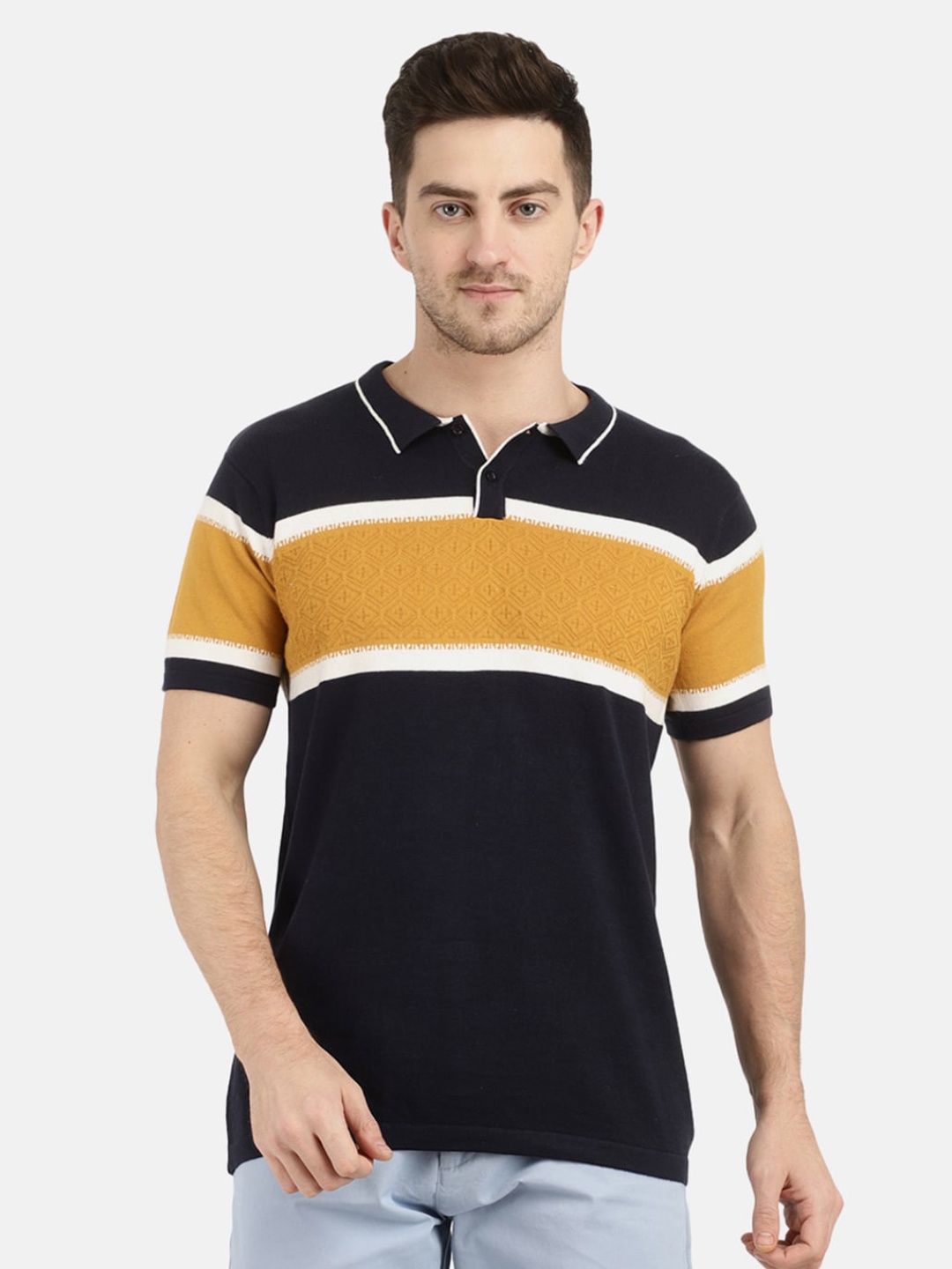 

V-Mart Men Navy Blue & Yellow Colourblocked Polo Collar Slim Fit Cotton T-shirt