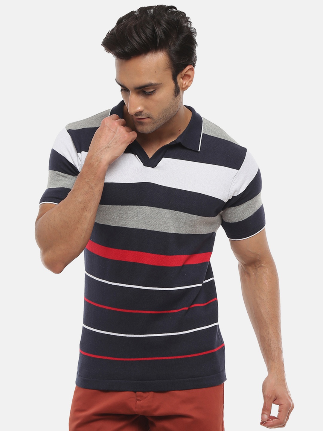 

V-Mart Men Navy Blue & Grey Striped Polo Collar Cotton Slim Fit T-shirt