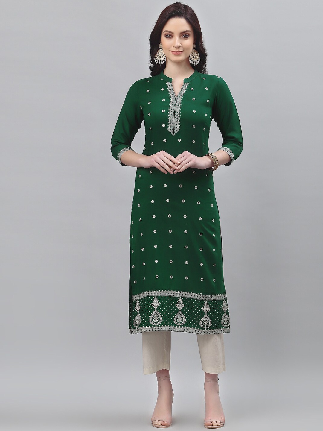

SANISA Women Green Foil Print Straight Kurta