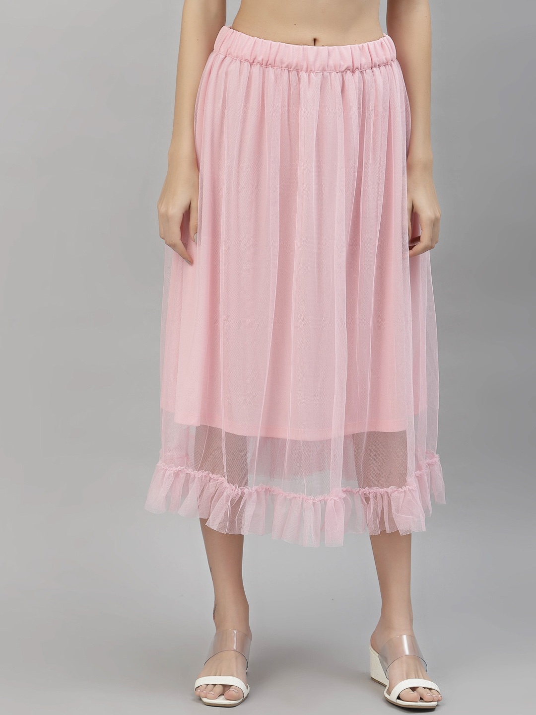 

HOUSE OF KKARMA Women Pink Solid Net Midi Frill Skirts