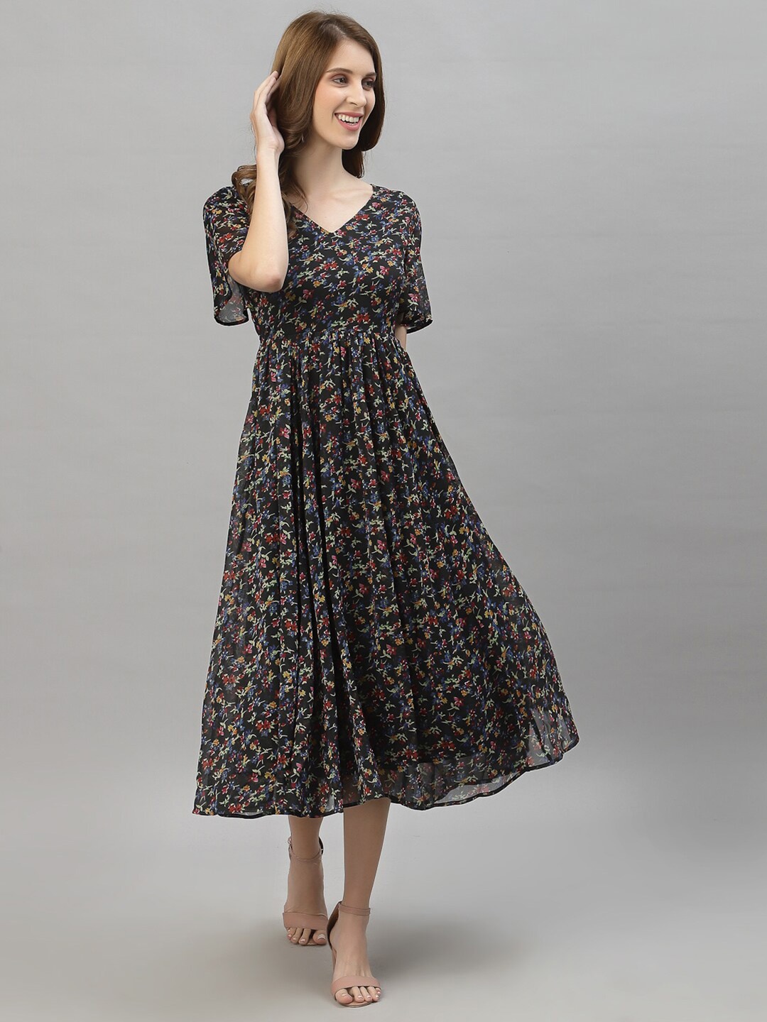

HOUSE OF KKARMA Women Multicoloured Floral Printed A-Line Midi Dress, Multi