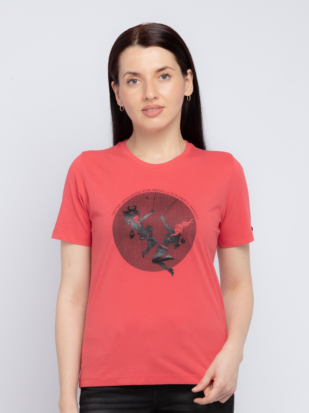 

Status Quo Women Coral Printed Cotton T-shirt
