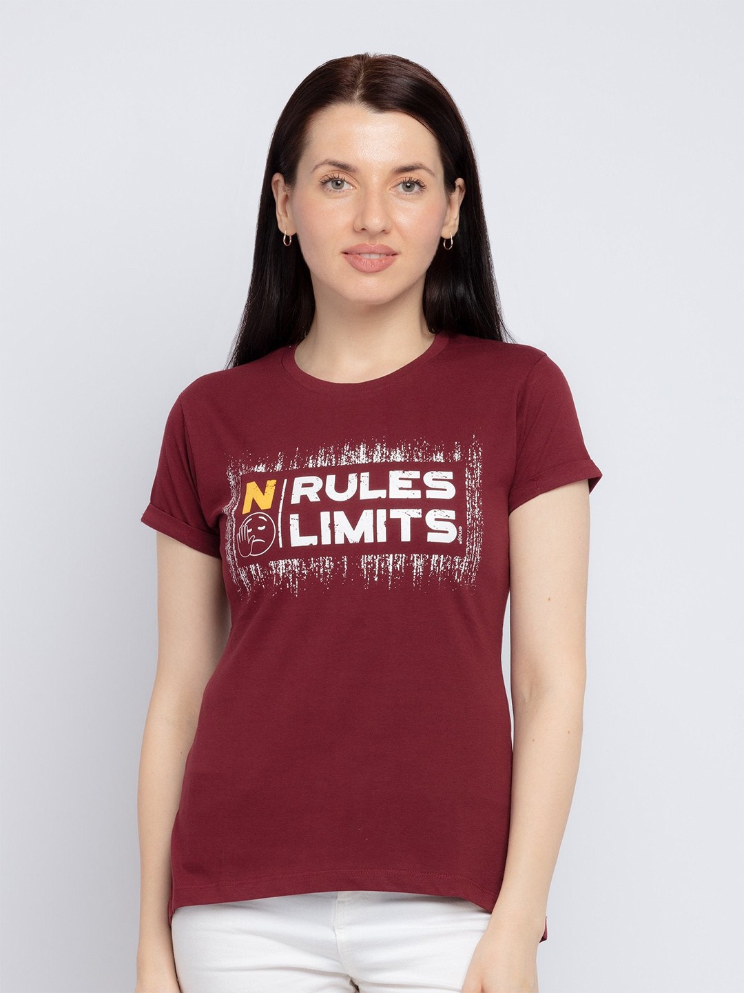 

Status Quo Women Maroon Typography Cotton Printed T-shirt