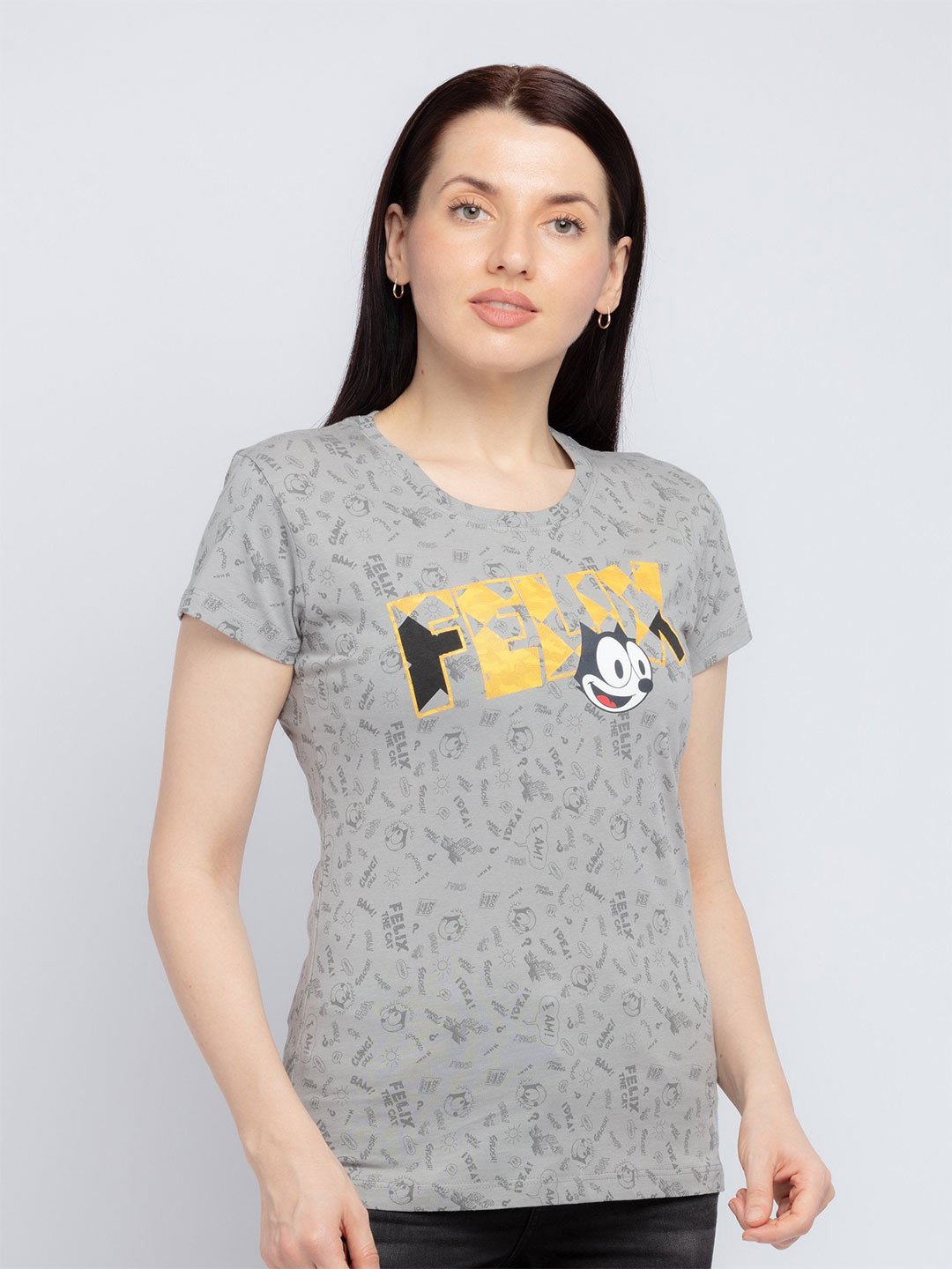 

Status Quo Women Grey & Yellow Felix The Cat Printed Cotton T-shirt