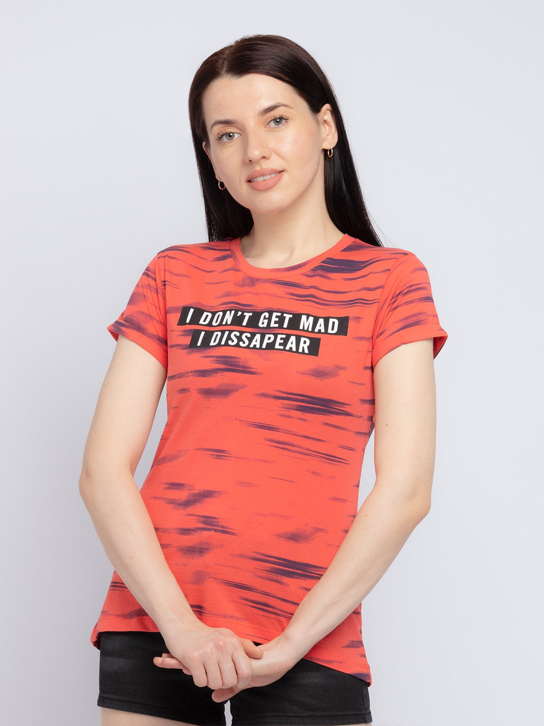 

Status Quo Women Coral Typography Printed Cotton T-shirt