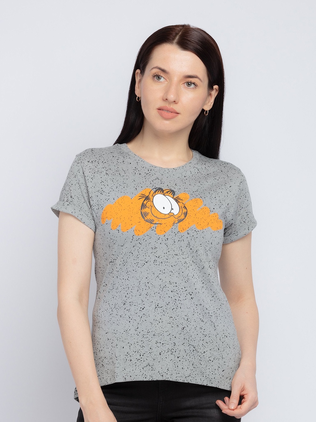 

Status Quo Women Grey & Yellow Garfield Printed Cotton T-shirt