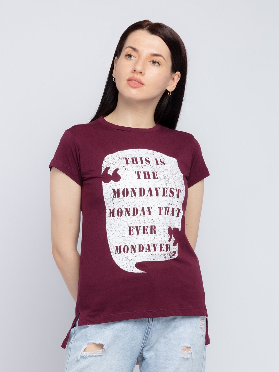 

Status Quo Women Maroon Typography Printed T-shirt