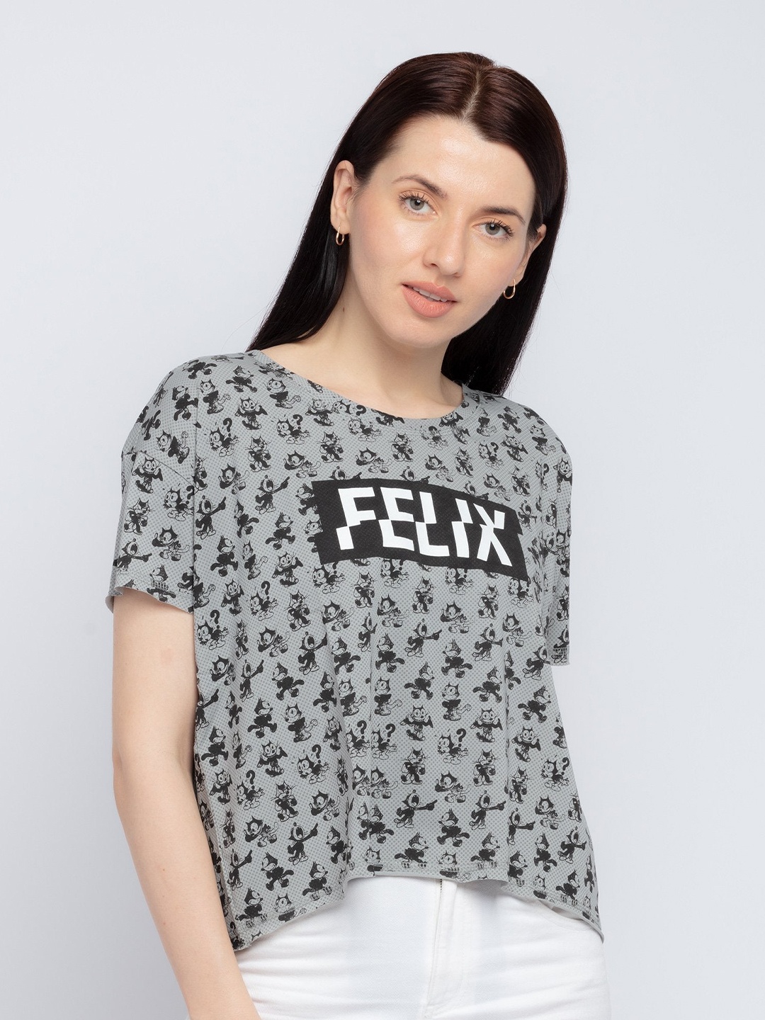 

Status Quo Women Grey & Black Felix- The Cat Printed Round Neck T-shirt