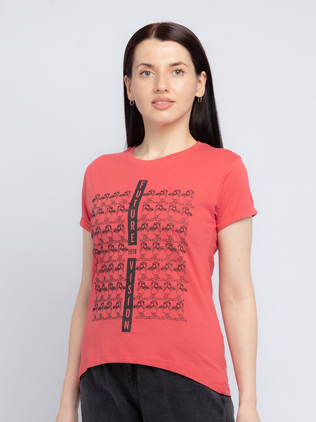 

Status Quo Women Coral Red Garfield Printed T-shirt